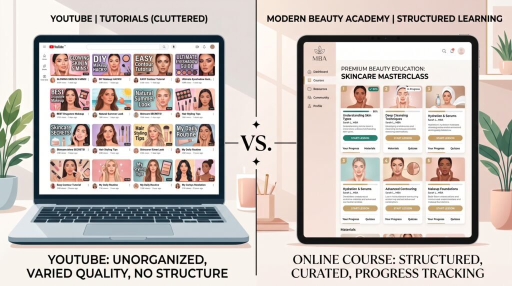 Comparison of YouTube tutorials and a structured online nail technician course showing why a professional Russian manicure course provides organized lessons, progress tracking, and a complete learning path for beginners.