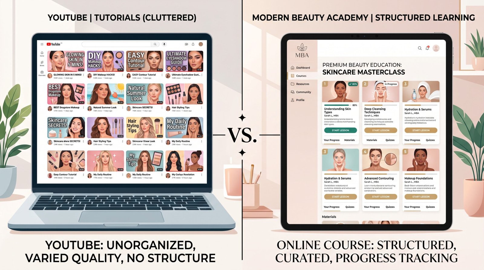 Comparison of YouTube tutorials and a structured online nail technician course showing why a professional Russian manicure course provides organized lessons, progress tracking, and a complete learning path for beginners.