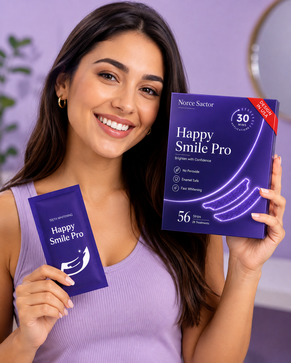 Happy Smile Pro teeth whitening strips held by a smiling woman for at-home teeth whitening and a brighter smile