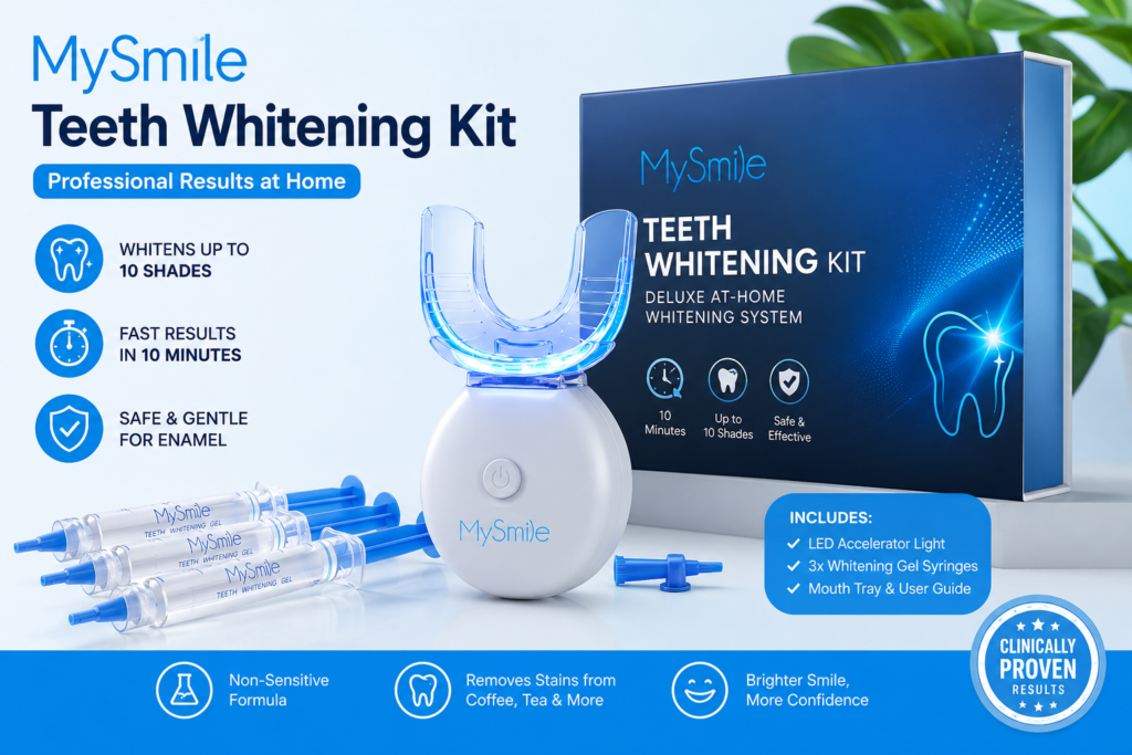 MySmile teeth whitening kit with LED mouthpiece, whitening gel syringes and dental-grade whitening system