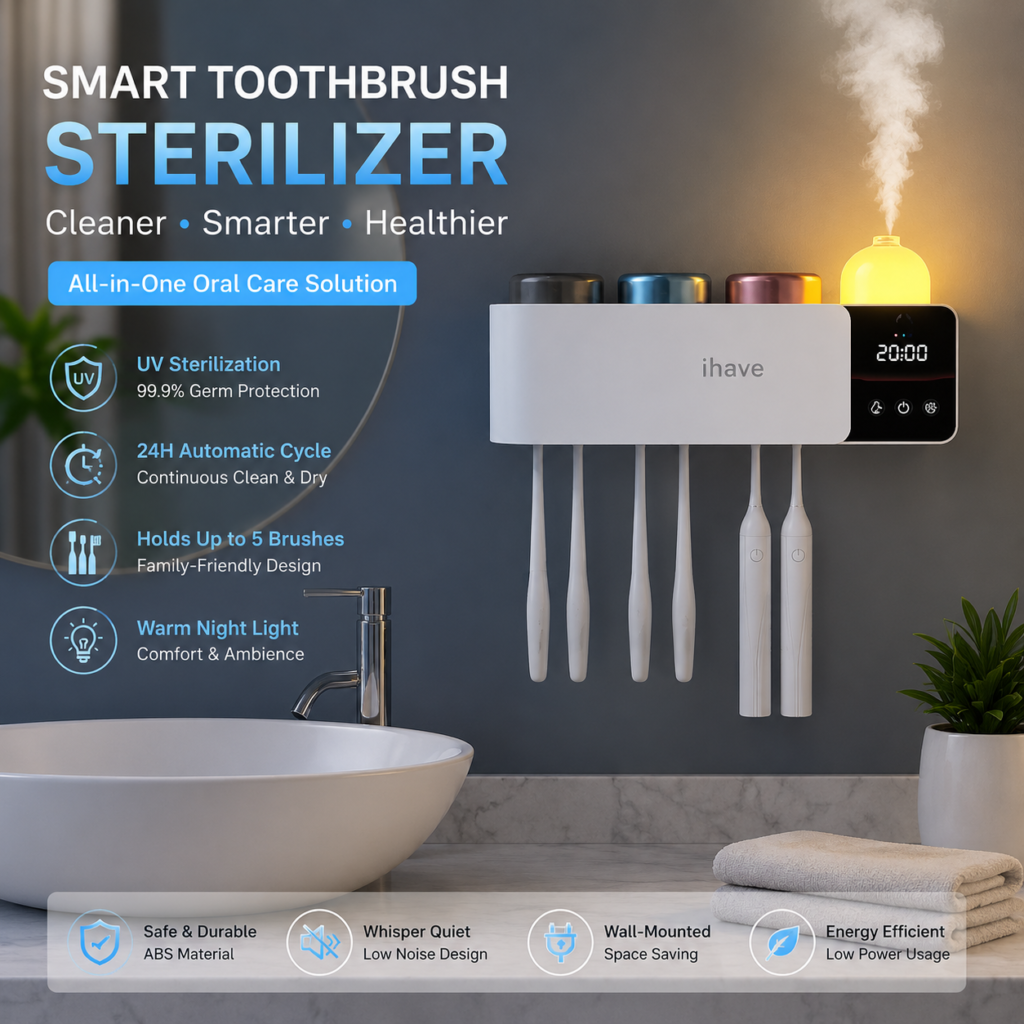 Smart toothbrush sterilizer with UV sanitizing technology, automatic drying, five toothbrush holders and built-in night light mounted on a bathroom wall