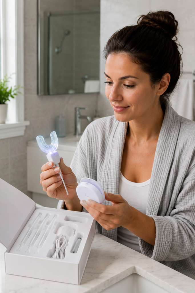 Woman reviewing a generic LED teeth whitening kit on a modern bathroom counter during an at-home oral care routine