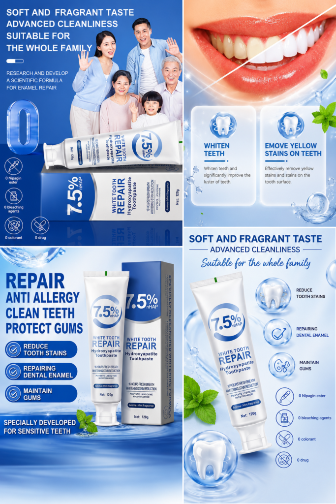 7.5% nHAp hydroxyapatite toothpaste for teeth whitening, stain removal, enamel care and gum protection