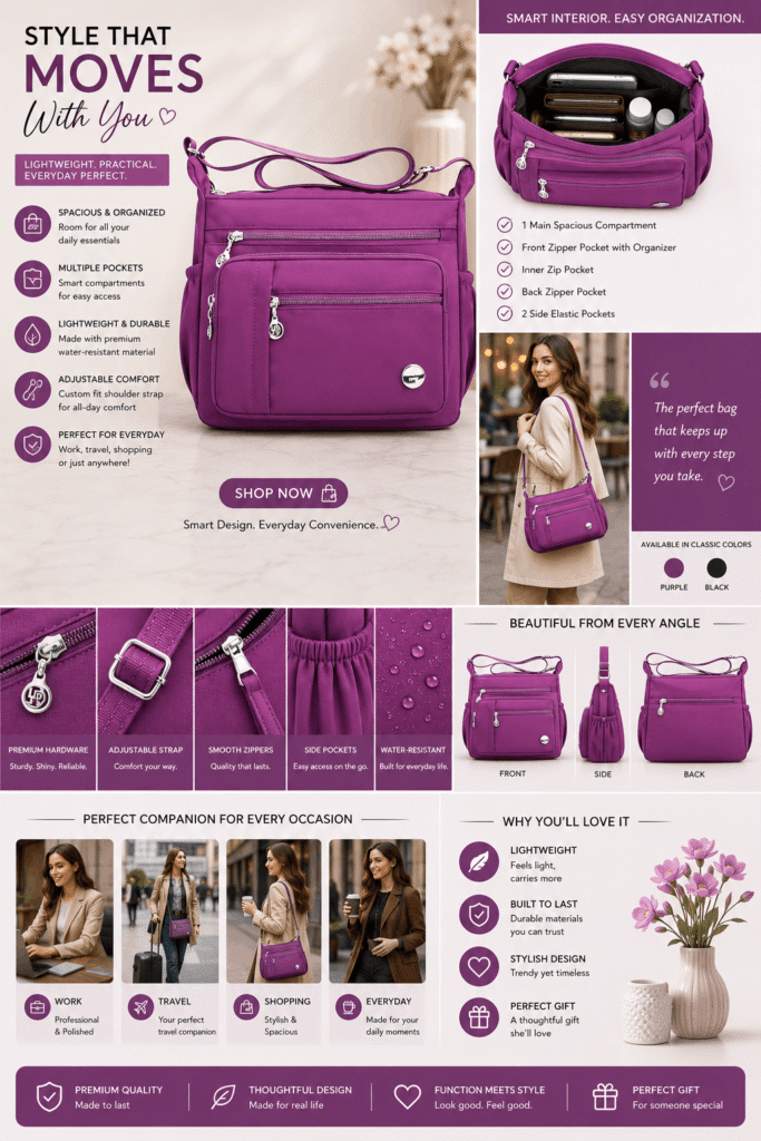 Stylish purple women’s multi-pocket nylon crossbody handbag with multiple zipper compartments and adjustable shoulder strap.
A stylish and lightweight multi-pocket handbag designed to keep everyday essentials organized while providing comfortable, practical carrying.
A purple women’s multi-pocket nylon handbag featuring multiple zippered compartments, side pockets, an adjustable shoulder strap, durable hardware and a spacious interior. The versatile design makes it suitable for work, travel, shopping and everyday activities.