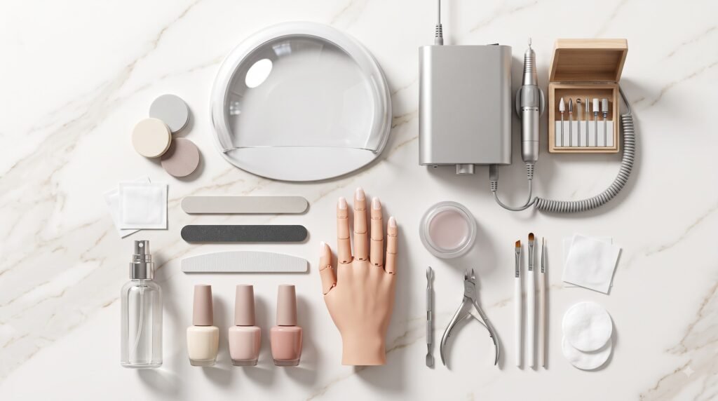 Professional manicure tools including an electric nail drill, UV lamp, gel polish, cuticle tools, and nail technician equipment arranged in a flat lay on a white marble surface.