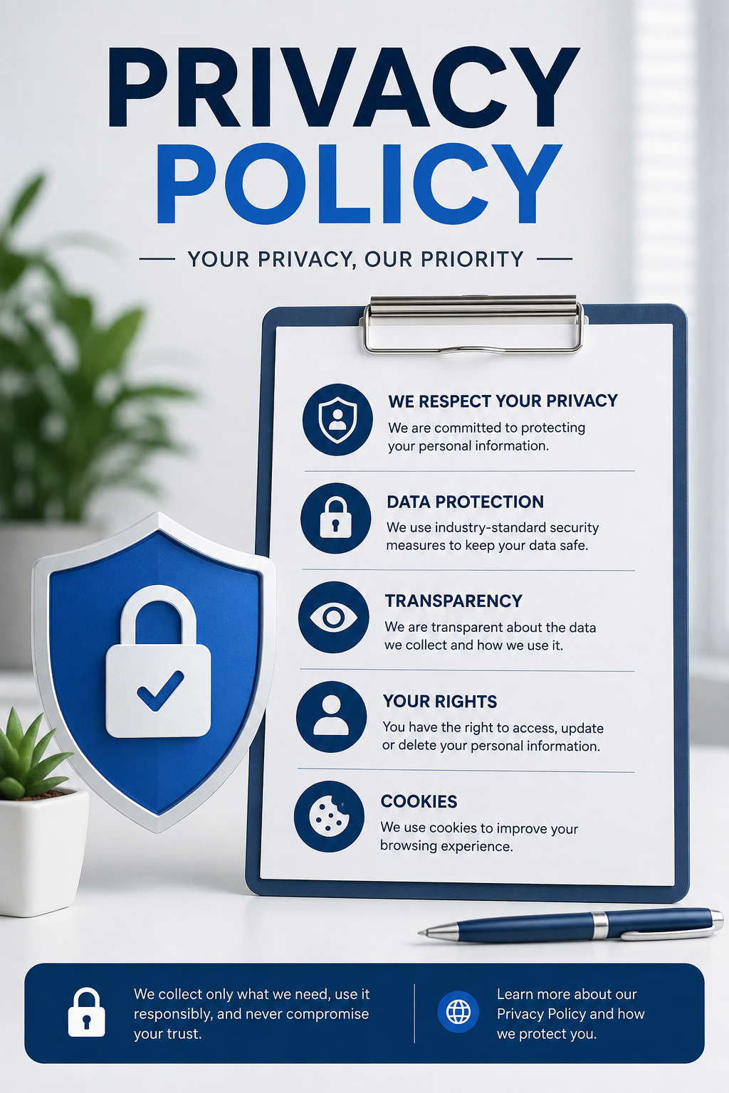 Trendmartplus Blog Privacy Policy infographic showing data protection, online privacy, user rights, transparency, cookies, and secure personal information