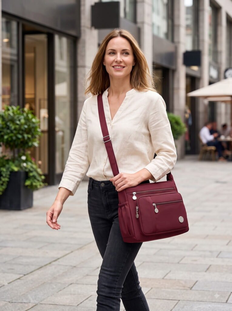 Woman wearing a stylish burgundy multi-pocket crossbody handbag while walking through a modern shopping district.
A stylish multi-pocket crossbody handbag designed for comfortable everyday use, shopping, work and travel.