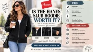 Woman wearing the black Hanes Women’s Slub Knit Full-Zip Hoodie with jeans and sneakers
