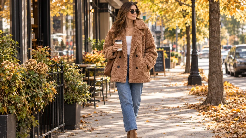  camel-brown fuzzy sherpa fleece jacket 