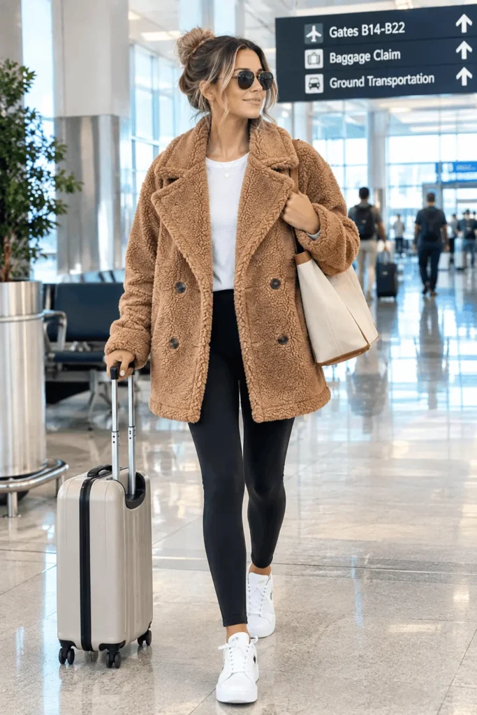 camel sherpa jacket outfit